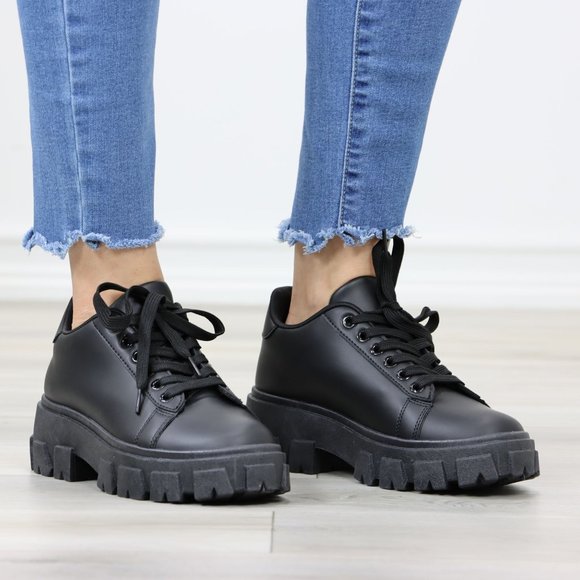 Black Chunky Lace-Up Lug Sole Oxford  Platform Women's Shoes - Picture 2 of 12